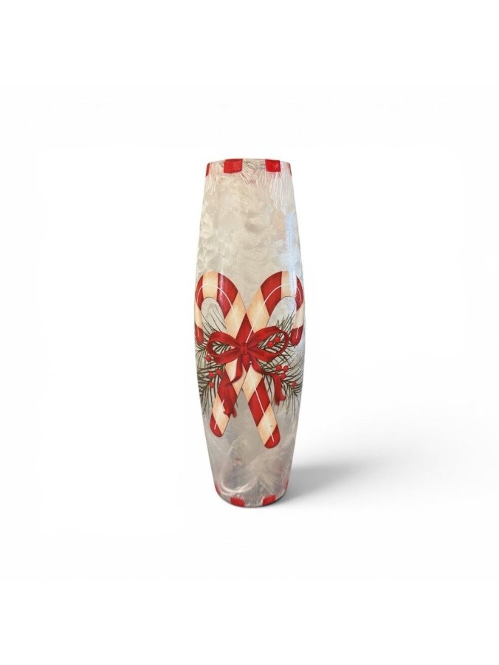 Candy Cane Glass Lighted Vase With Holiday Design Frosted Texture And Corded Plu